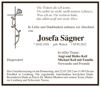 Traueranzeige von Josefa Sägner von Pegnitz-Zeitung